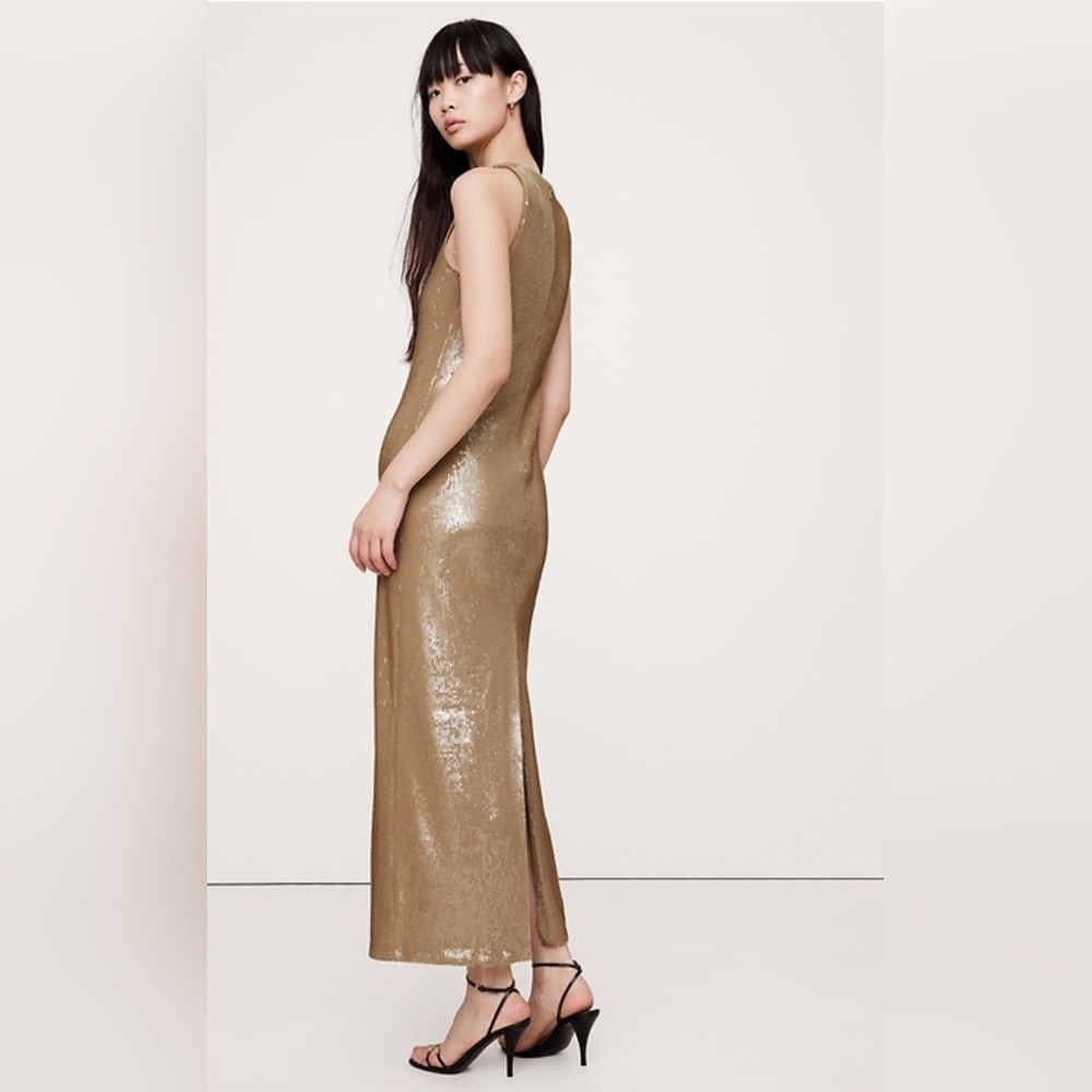 Banana Republic Beige Sequin Dress Stretch Maxi Dress Sz M Column Sexy Cocktail - Picture 4 of 12